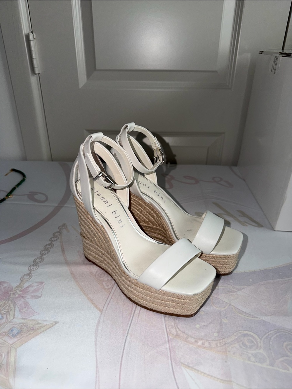 Gianni Bini White Leather Ankle-Strap Espadrille Wedges